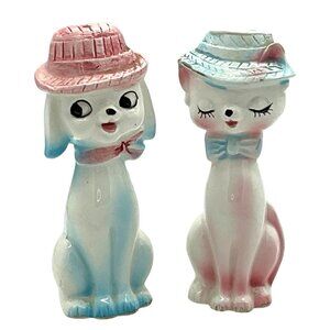 VINTAGE KITSCHY DOG & CAT SALT & PEPPER SHAKERS CERAMIC ANTHROPOMORPHIC RETRO